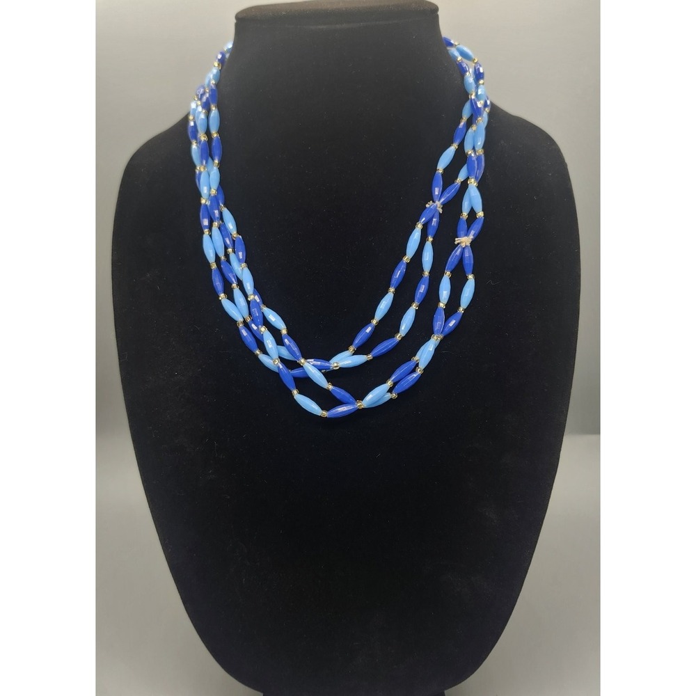 Long Beaded Multi-Wrap Necklace Blue Gold Tone Flapper Style Vintage Inspired